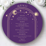 Mystical Purple Gold Sun Moon Stars Space Wedding Menu<br><div class="desc">Mystical Purple Gold Sun Moon Stars Space Wedding Menu Cards features a gold sun, moon and stars frame on a purple background with your menu details in the centre in modern gold calligraphy script. Personalise by editing the text in the text boxes provided. Designed for you by Evco Studio ©...</div>