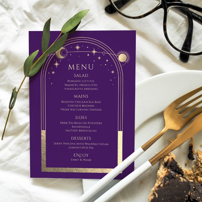 Mystical Purple Gold Sun Moon Stars Wedding Menu (Creator Uploaded)