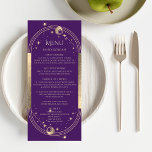 Mystical Purple Gold Sun Moon Stars Wedding Menu<br><div class="desc">Mystical Purple Gold Sun Moon Stars Astronomy Celestial Galaxy Cosmic Wedding Cards features a sun, moon and stars with a gold frame on a purple background with your menu details in the centre in modern gold calligraphy script. Personalise by editing the text in the text boxes provided. Designed for you...</div>