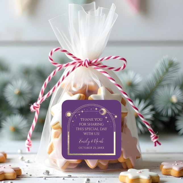 Mystical Purple Gold Sun Moon Stars Wedding Square Sticker (Creator Uploaded)