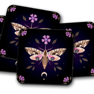 Mystical Purple Moth & Floral Botanical Coasters