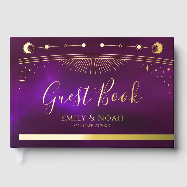 Mystical Purple Teal Gold Sun Moon Stars Wedding Guest Book (Front)