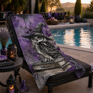 Mystical Purple Witchy Owl Art Custom Name Beach Towel