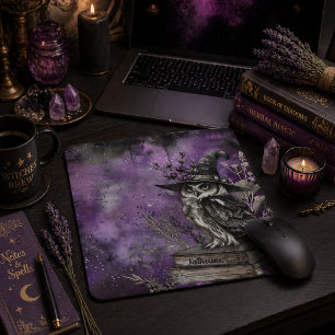 Mystical Purple Witchy Owl Art Custom Name Mouse Pad