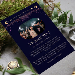 Mystical Rainbow Blue Sun Moon Star Photo Wedding Thank You Card