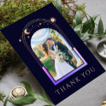 Mystical Rainbow Blue Sun Moon Star Photo Wedding Thank You Card<br><div class="desc">Mystical Chic Rainbow Dark Navy Blue Sun Moon Stars Celestial Astronomy Space Photo Wedding Thank You Cards features the sun, moon and stars in a rainbow coloured frame surrounding your favourite picture on a dark navy blue background. On the reverse add your custom thank you message and an additional image....</div>