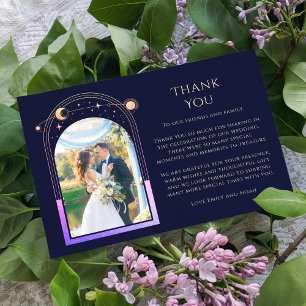 Mystical Rainbow Blue Sun Moon Stars Photo Wedding Thank You Card