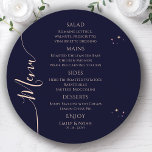 Mystical Rainbow Blue Sun Moon Stars Space Wedding Menu<br><div class="desc">Mystical Rainbow Dark Navy Blue Sun Moon Stars Space Cosmic Astronomy Celestial Wedding Menu Cards features simple stars on a dark navy blue background with your menu details in the centre in modern peach calligraphy script. Personalise by editing the text in the text boxes provided. Designed by Evco Studio www.zazzle.com/store/evcostudio...</div>