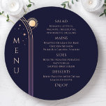 Mystical Rainbow Blue Sun Moon Stars Space Wedding Menu<br><div class="desc">Mystical Rainbow Dark Navy Blue Sun Moon Stars Space Cosmic Astronomy Celestial Wedding Menu Cards features simple golden stars on a dark navy blue background with your menu details in the centre in modern peach calligraphy script. Personalise by editing the text in the text boxes provided. Designed by ©2024 Evco...</div>