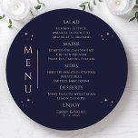 Mystical Rainbow Blue Sun Moon Stars Space Wedding Menu<br><div class="desc">Mystical Rainbow Dark Navy Blue Sun Moon Stars Space Galaxy Cosmic Celestial Wedding Menu Cards features simple golden stars on a dark navy blue background with your menu details in the centre in modern peach calligraphy script. Personalise by editing the text in the text boxes provided. Designed by ©2024 Evco...</div>