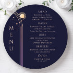 Mystical Rainbow Blue Sun Moon Stars Space Wedding Menu<br><div class="desc">Mystical Rainbow Dark Navy Blue Sun Moon Stars Space Cosmic Astronomy Celestial Wedding Menu Cards features simple gold stars on a dark navy blue background with your menu details in the centre in modern peach calligraphy script. Personalise by editing the text in the text boxes provided. Designed by ©2024 Evco...</div>