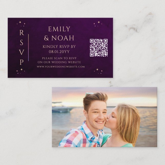 Mystical Rainbow Deep Plum Budget QR Code RSVP Enclosure Card (Front/Back)