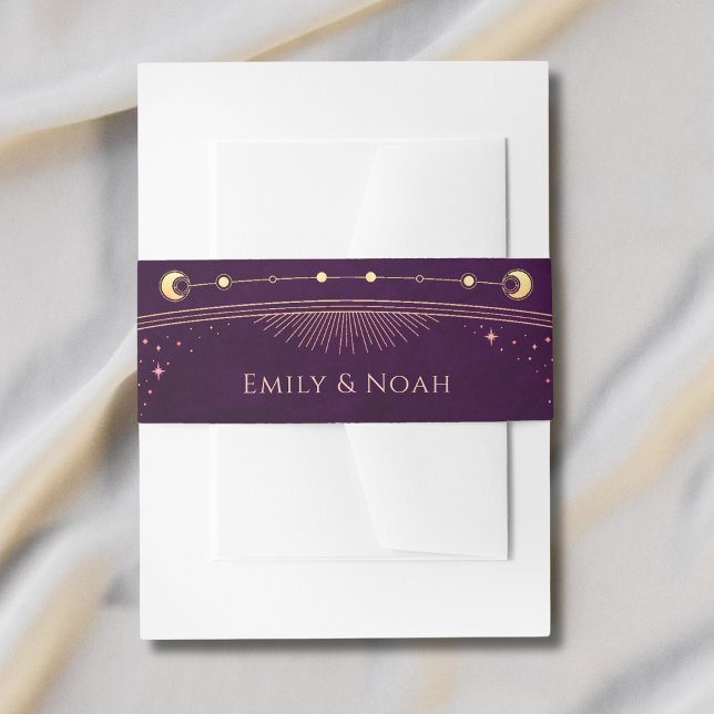 Mystical Rainbow Deep Plum Sun Moon Stars Wedding  Invitation Belly Band (Creator Uploaded)