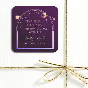 Mystical Rainbow Deep Plum Sun Moon Stars Wedding Square Sticker