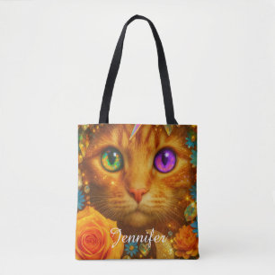 Mystical Rainbow Eyed Cat Floral Dream             Tote Bag