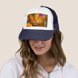 Mystical Rainbow Eyed Cat Floral Dream Trucker Hat