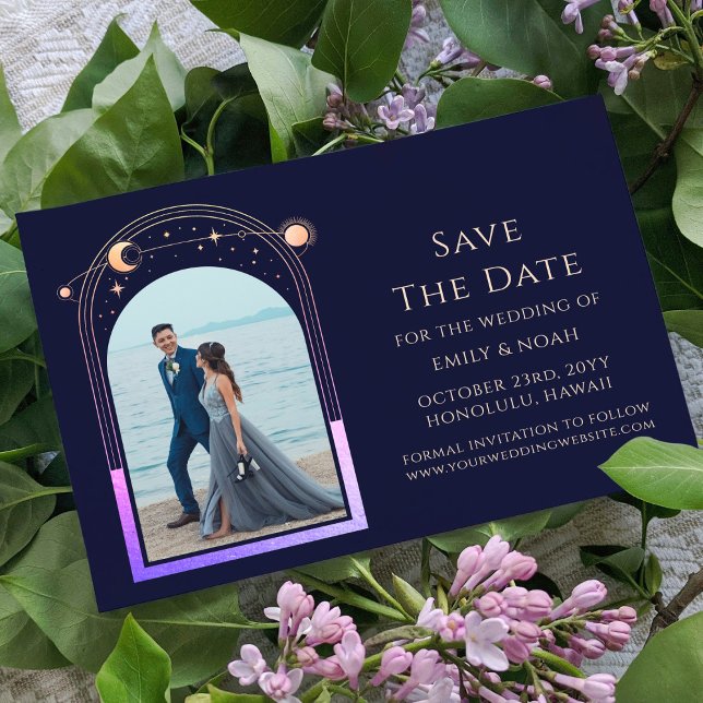 Mystical Rainbow Navy Blue Sun Moon Star Space Save The Date (Creator Uploaded)