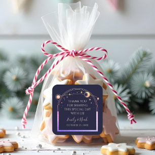 Mystical Rainbow Navy Blue Sun Moon Stars Wedding Square Sticker