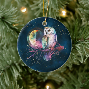 Mystical Rainbow Owl and Full Moon Celestial Ceramic Tree Decoration