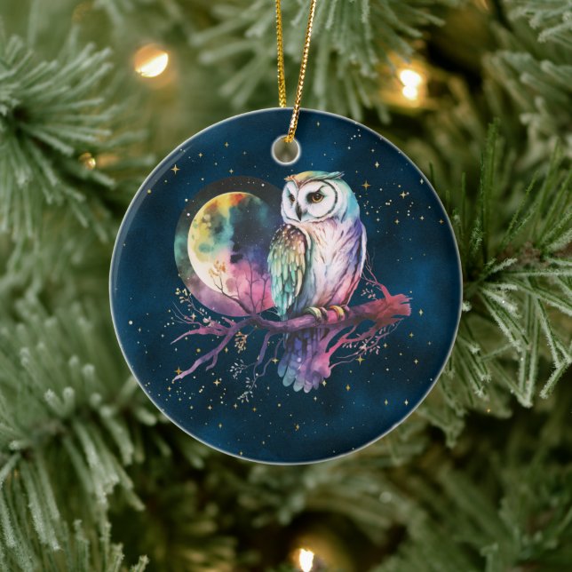 Mystical Rainbow Owl and Full Moon Celestial Ceramic Tree Decoration (Tree)