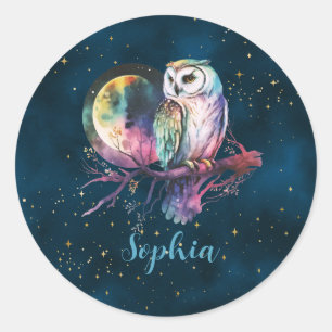 Mystical Rainbow Owl and Full Moon Celestial Classic Round Sticker