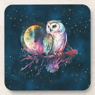 Mystical Rainbow Owl and Full Moon Celestial Coaster