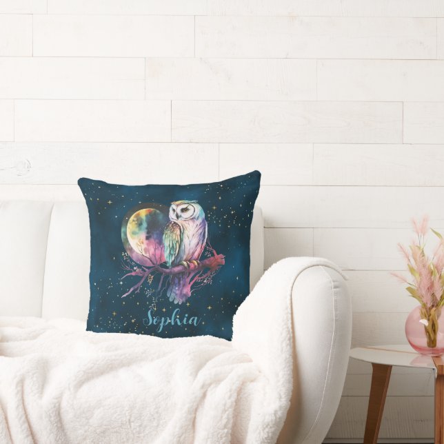 Mystical Rainbow Owl and Full Moon Celestial Cushion (Couch)