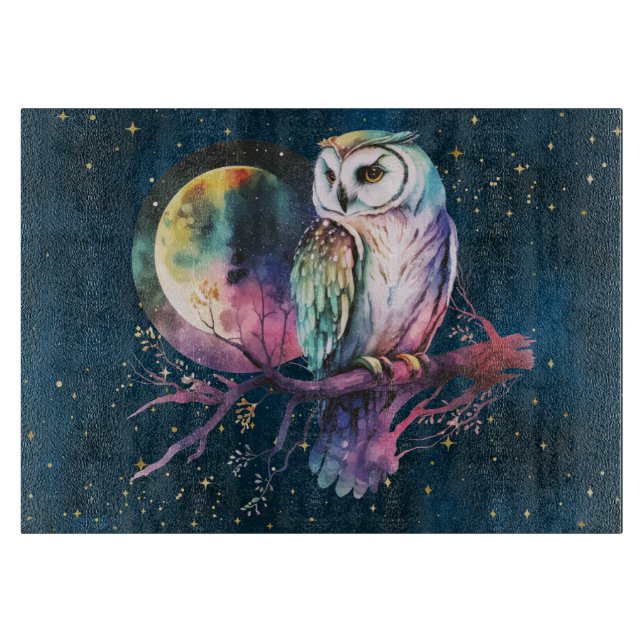 Mystical Rainbow Owl and Full Moon Celestial Cutting Board (Front)