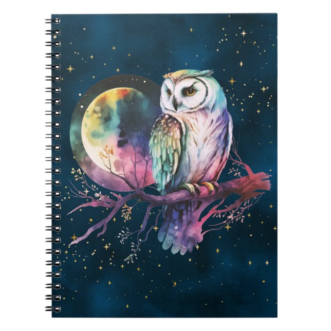 Mystical Rainbow Owl and Full Moon Celestial Notebook (Front)