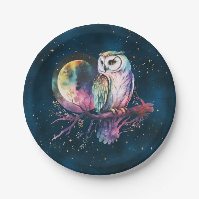 Mystical Rainbow Owl and Full Moon Celestial Paper Plate (Front)