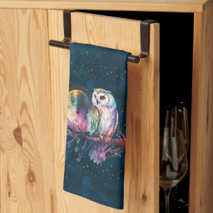 Mystical Rainbow Owl and Full Moon Celestial Tea Towel