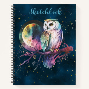 Mystical Rainbow Owl & Full Moon Celestial Sketch Notebook