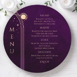 Mystical Rainbow Plum Sun Moon Stars Space Wedding Menu<br><div class="desc">Mystical Rainbow Plum Sun Moon Stars Space Cosmic Astronomy Celestial Wedding Menu Cards features simple golden stars on a deep plum background with your menu details in the centre in modern peach calligraphy script. Personalise by editing the text in the text boxes provided. Designed by Evco Studio www.zazzle.com/store/evcostudio</div>