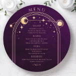 Mystical Rainbow Plum Sun Moon Stars Space Wedding Menu<br><div class="desc">Mystical Rainbow Plum Sun Moon Stars Space Cosmic Astronomy Celestial Wedding Menu Cards features a golden sun, moon and stars frame on a deep plum background with your menu details in the centre in modern peach calligraphy script. Personalise by editing the text in the text boxes provided. Designed for you...</div>