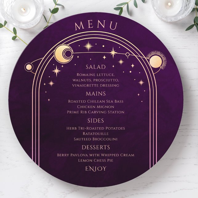 Mystical Rainbow Plum Sun Moon Stars Space Wedding Menu (Creator Uploaded)