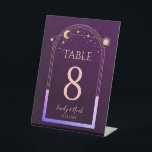 Mystical Rainbow Plum Sun Moon Stars Wedding Pedestal Sign<br><div class="desc">Mystical Rainbow Plum Sun Moon Stars Wedding Table Numbers Pedestal Sign features a rainbow coloured sun,  moon and stars frame on a deep plum background. Inside is your custom table number information. Designed for you by Evco Studio www.zazzle.com/store/evcostudio</div>