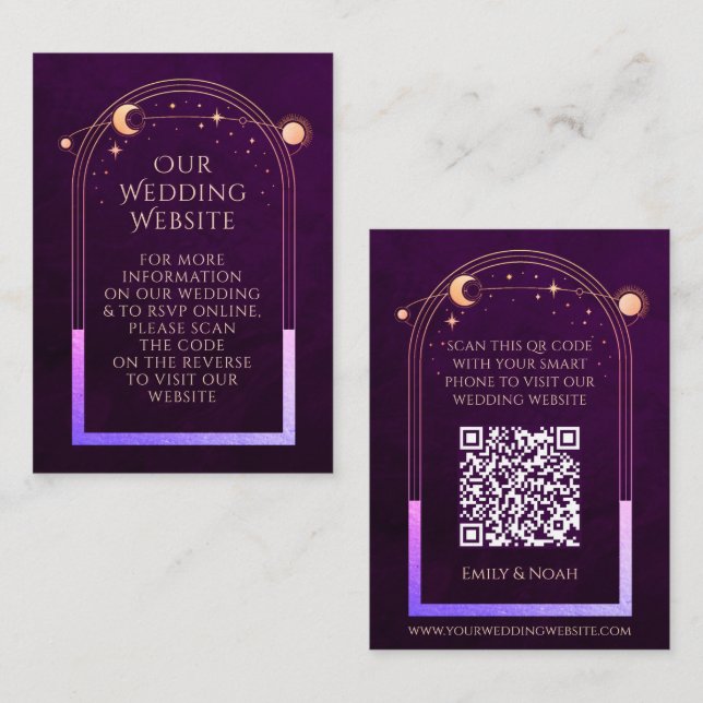 Mystical Rainbow Plum Wedding Website RSVP QR Code Enclosure Card (Front/Back)