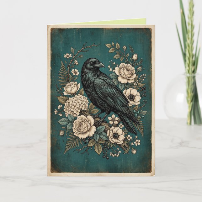 Mystical Raven Boho Flowers Art Card (Front)