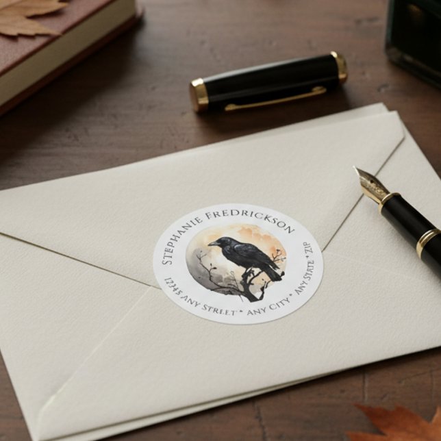 Mystical Raven Moon Art Return Address Labels (Gothic raven moon return address label)