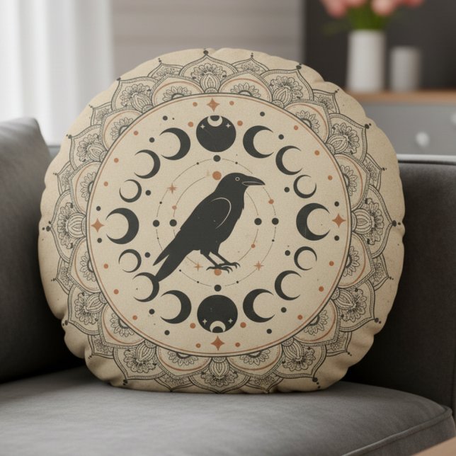 Mystical Raven Moon Phase Mandala Celestial Art Round Cushion (Celestial Raven Pillow)