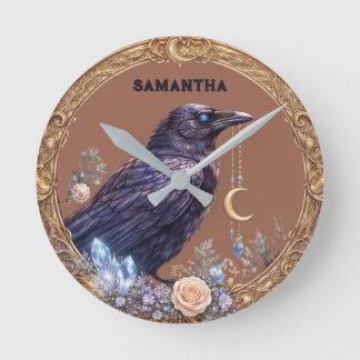 Mystical Raven Unisex Custom Name Round Clock