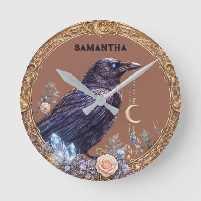 Mystical Raven Unisex Custom Name Round Clock (Front)
