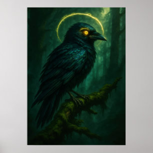 Mystical Raven with Golden Halo Fantasy Poster