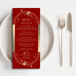 Mystical Red Gold Sun Moon Astronomy Wedding Menu<br><div class="desc">Mystical Dark Red Gold Sun Moon Stars Astronomy Celestial Galaxy Cosmic Wedding Cards features a gold sun, moon and stars frame on a dark red background with your menu details in the centre in modern gold calligraphy script. Personalise by editing the text in the text boxes provided. Designed for you...</div>