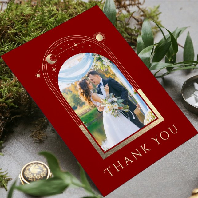 Mystical Red Gold Sun Moon Stars Photo Wedding Thank You Card (Creator Uploaded)
