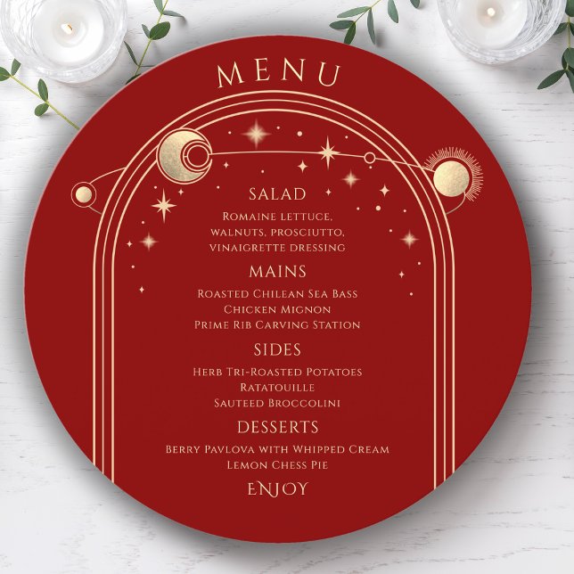 Mystical Red Gold Sun Moon Stars Space Wedding Menu (Creator Uploaded)
