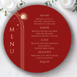 Mystical Red Gold Sun Moon Stars Space Wedding Menu<br><div class="desc">Mystical Dark Red Gold Sun Moon Stars Space Wedding Menu Cards features simple gold stars on a dark red background with your menu details in the centre in modern gold calligraphy script. Personalise by editing the text in the text boxes provided. Designed by Evco Studio www.zazzle.com/store/evcostudio</div>