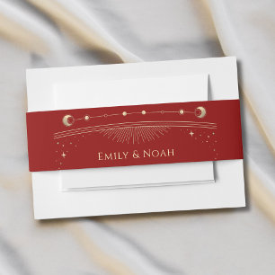Mystical Red Gold Sun Moon Stars Wedding  Invitation Belly Band