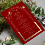 Mystical Red Gold Sun Moon Stars Wedding Menu<br><div class="desc">Mystical Dark Red Gold Sun Moon Stars Astronomy Galaxy Celestial Cosmic Space Wedding Menu Cards features a gold sun, moon and stars frame on a dark red background with your menu details in the centre in gold calligraphy script. Personalise by editing the text in the text boxes provided. Designed for...</div>