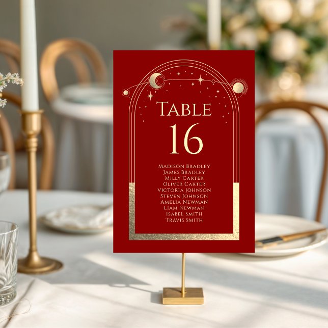 Mystical Red Gold Sun Moon Stars Wedding Table Number (Creator Uploaded)